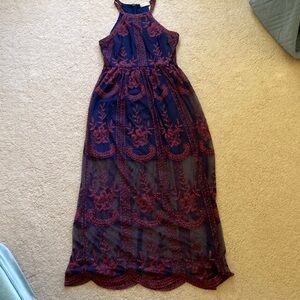 Navy blue high neck sheer maxi dress with pink embroidered details
